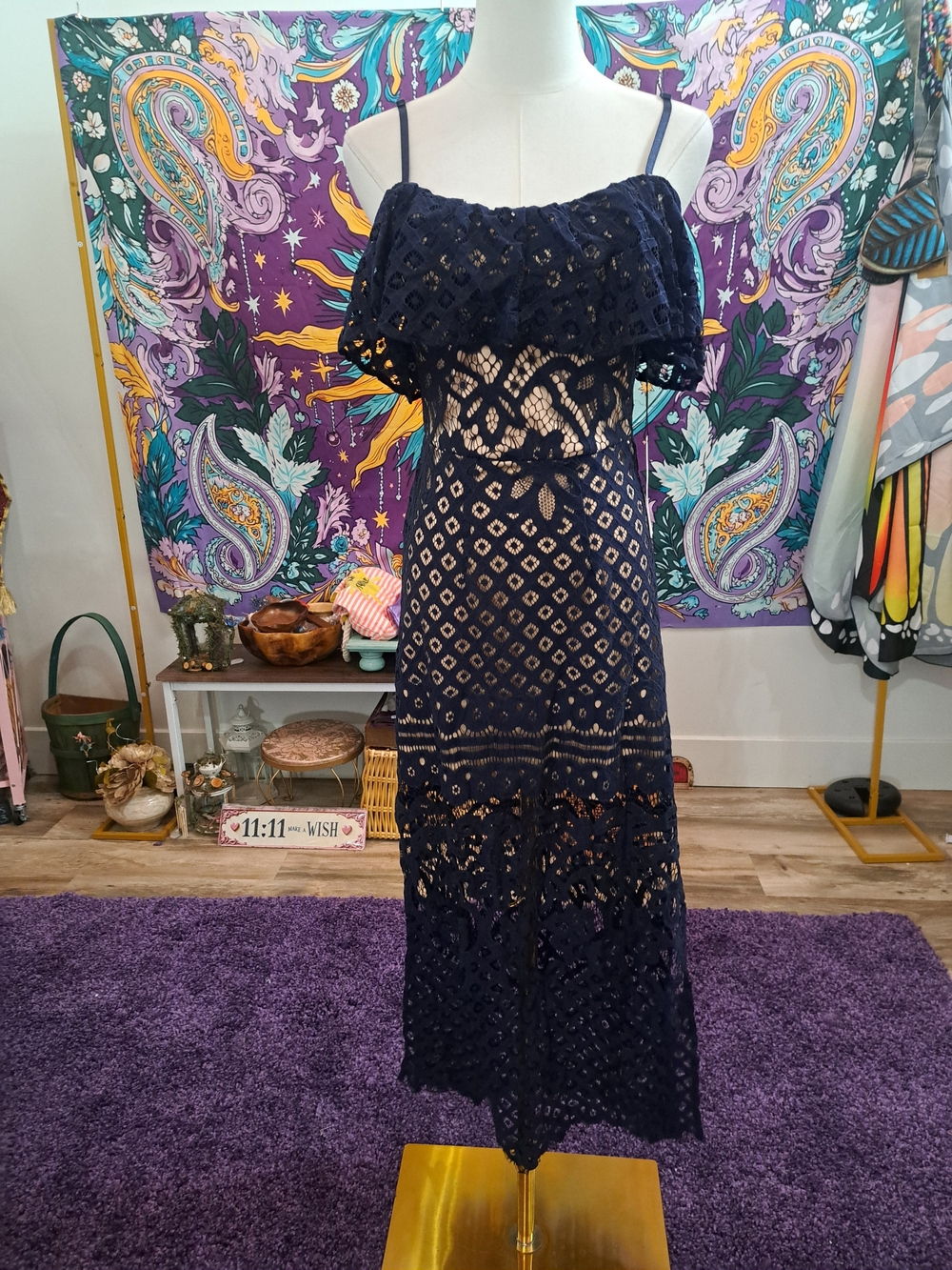 After Dark in Capri Navy Lace Off-Shoulder Maxi Dress • Small • NWT